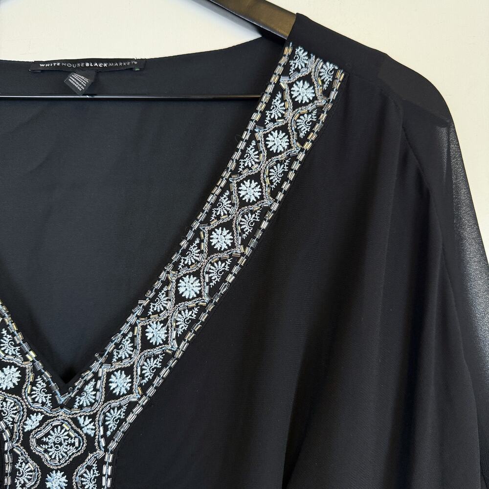 White House Black Market Chiffon Poncho Belted VNeck Blouse Bat Wing - L - Picture 3 of 9